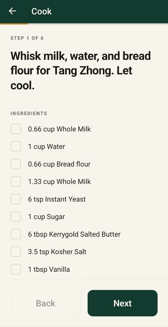 Cook mode showing step 1 of 6 in large text, with tickable ingredients and Back and Next buttons.