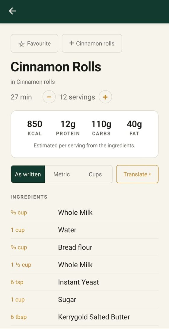 A cinnamon roll recipe in Cuchara, showing nutrition per serving, a switch between as-written, metric and cups, and the ingredient list.